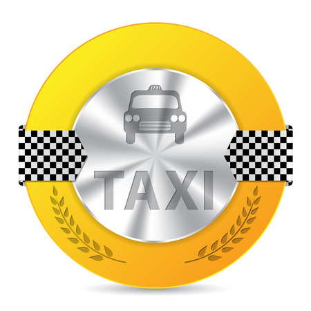 Metallic taxi badge design with checkered ribbons and debossed leaf symbolのイラスト素材