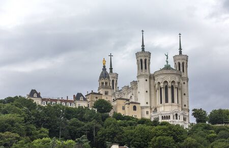 Basilique Fourviere. View of Basilica of Notre Dame de Fourviere, Lyon, France. The La Fourviere Church in Lyon.の写真素材