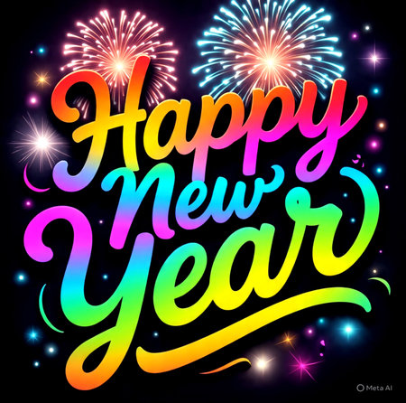 Modern glowing Happy New Year 2026 text with colourful lights and joyful holiday spiritの素材