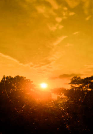 Beautiful cloudy sunset landscape with sunの写真素材