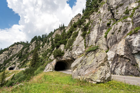 A road in the Swiss Alps with a tunnel in the middle of it. The tunnel is surrounded by rocks. The road is paved and has white linesの写真素材