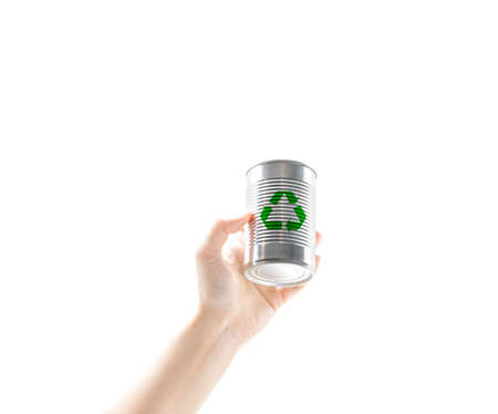 Hand hold an grey aluminum food container with green recycle symbol on white background. Concept of care, responsible, recycling and save the environment and world from global warming.の写真素材