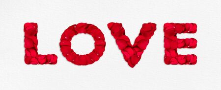 Beautiful LOVE Typography made of rose petals, valentines day greetings, isolated on a white background.の写真素材