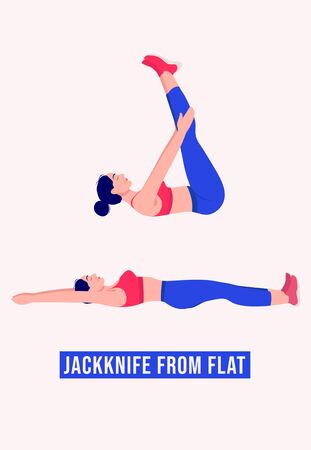 Girl doing Jackknife From Flat exercise, Woman workout fitness, aerobic and exercises. Vector Illustration.のイラスト素材