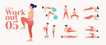 Workout women set. Women fitness and yoga exercises. Lunges, Pushups, Squats, Dumbbell rows, Burpees, Side planks, Situps, Glute bridge, Leg Raise, Russian Twist, Side Crunch, Mountain Climbers.etcのイラスト素材