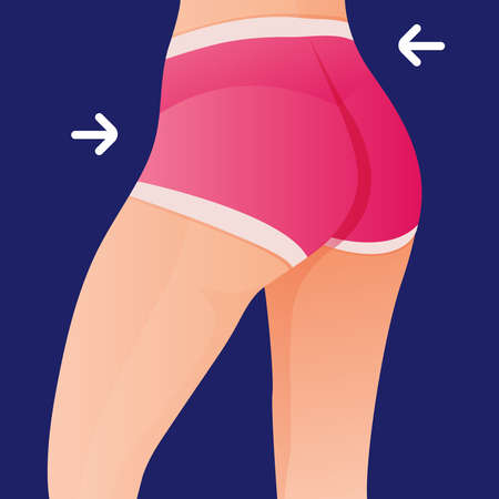 Perfect slim toned young body of the girl. sporty woman in sportswear, shorts butt icon for mobile apps, slim body, vector illustration.のイラスト素材