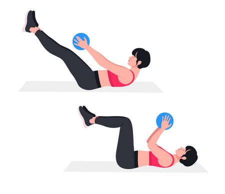 woman doing exercises with medicine ball. Lunges, Pushups, Squats, Dumbbell rows, Burpees, Side planks, Situps, Glute bridge, Leg Raise, Russian Twist, Side Crunch .etcのイラスト素材
