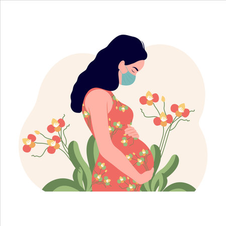 pregnant woman holds her belly. Pregnancy belly design concept.のイラスト素材