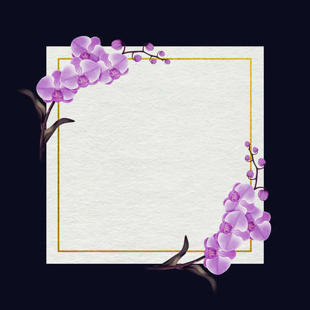 Premium Wedding invitation Template of Orchid flowers and leaves with golden yellow frame.の写真素材