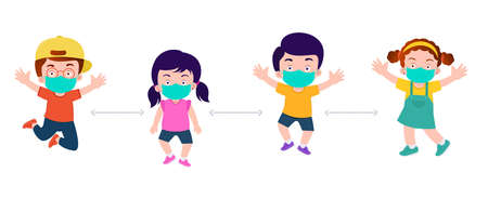 Happy kids jumping together. Back to school, kids jumping wearing face mask protect corona virus or Covid 19.のイラスト素材
