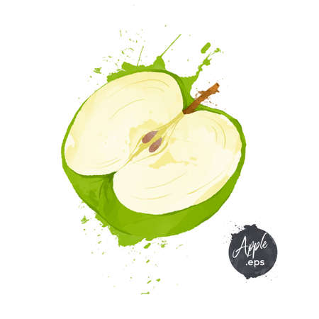 green apple Half cut slice isolated on white background. watercolour style Vector illustration.のイラスト素材