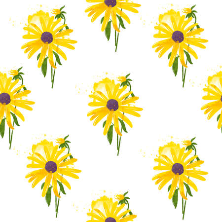 Seamless pattern of sunflower with leaves watercolour style. Floral bouquet pattern with small...