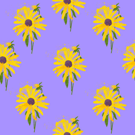 Seamless pattern of sunflower with leaves watercolour style. Floral bouquet pattern with small flowers and leaves, Elegant template for fashion printsの写真素材