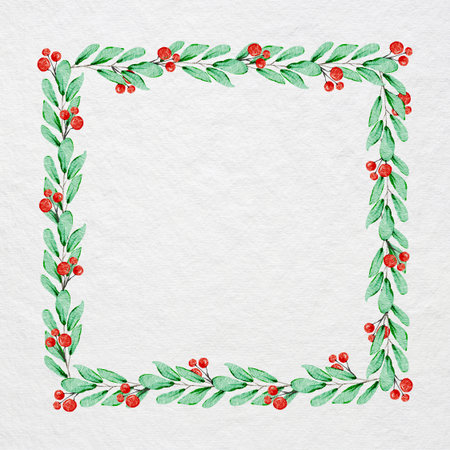 Watercolor Christmas frame with red berries and green leaves on a white backgroundの写真素材