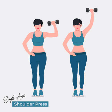 single arm shoulder press exercise, Online fitness concept, Woman workout fitness, aerobic and exercises. Vector Illustration.のイラスト素材