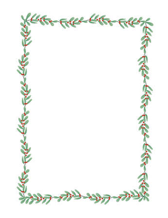 Holly Christmas border with green leaves and red berries. Christmas frame with holly. Vector illustration.のイラスト素材