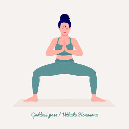 Goddess pose-Utkata Konasana Yoga pose. Young woman practicing yoga exercise. Woman workout fitness, aerobic and exercises. Vector Illustration.のイラスト素材