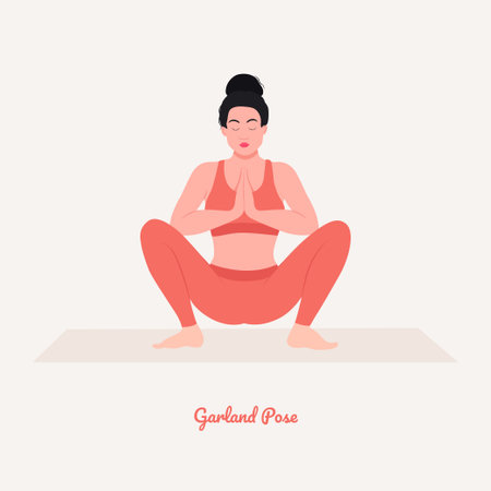 Garland Yoga pose. Young woman practicing yoga  exercise. Woman workout fitness, aerobic and exercises. Vector Illustration.のイラスト素材