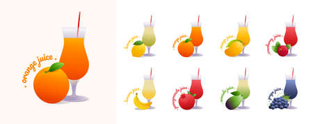 Set of tropical fruit juices in glass bottle Illustration isolated on white backgroundのイラスト素材