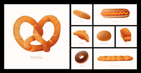 Set vector bread icons. pretzel, Bread, Hot dog, Croissant, Hamburger bun, donut, French baguette etc. bakery product vector set.のイラスト素材