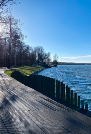 Wooden walkway along the lake in the park on a sunny dayの写真素材
