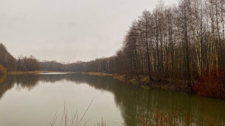 Lake in the forest in the foggy morning. Autumn landscape.の写真素材