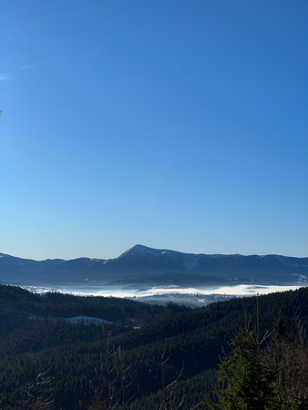 Mountains in the fog in the Carpathians, Ukraine.の写真素材