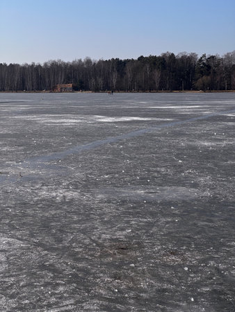 frozen lake in winter, closeup of photo with selective focusの写真素材