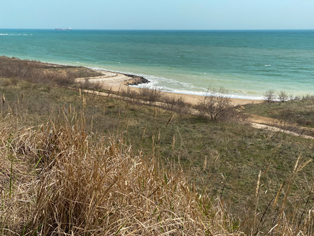 Black Sea coast in spring. View from the hill to the shore.の写真素材