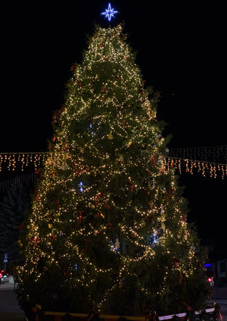 christmas tree in the city at night with lights and other decorationsの写真素材