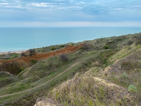 Dunes on the Black Sea coast in Chornomorsk, Ukraine, Europeの写真素材