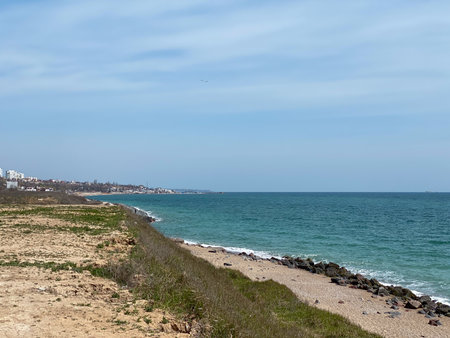 View of the Black Sea coast in Chornomorsk, Ukraineの写真素材