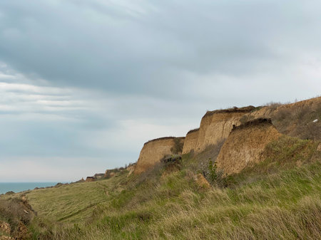 Rock formation on the coast of the Black Sea, Chornomorsk, Ukraineの写真素材