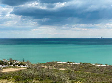 View of the Black Sea from the top of the dunes in Chornomorsk, Ukraineの写真素材
