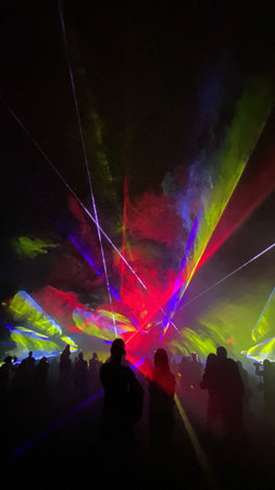 Colorful laser show at night, closeup of photoの写真素材