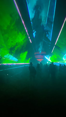 colorful laser show at night, closeup of photoの写真素材