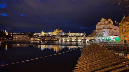 Prague, Czech Republic. Charles Bridge and Vltava river at night.の写真素材