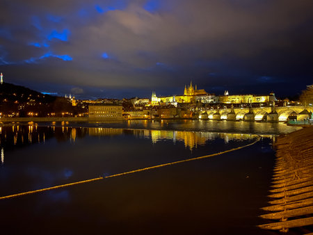Prague Castle and Vltava river in Prague, Czech Republicの写真素材