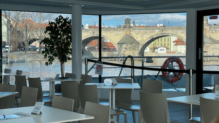 View from the floating restaurant in Prague, Czech Republicの写真素材