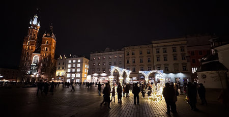 The Main Market Square in Krakow at night, Polandの写真素材
