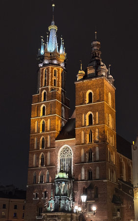 St. Mary's Church in Krakow at nightの写真素材