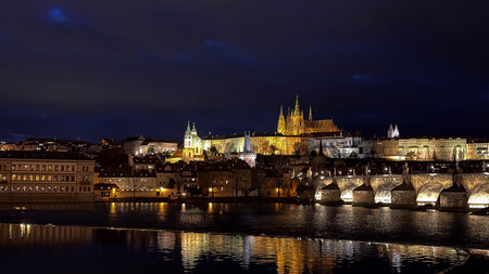 Prague Castle and Vltava river at night, Czech Republicの写真素材