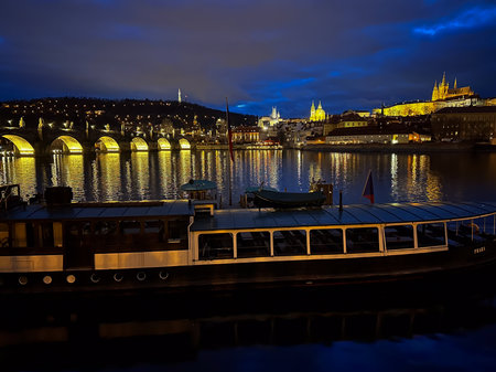 Prague Castle and Vltava river at night, Czech Republicの写真素材