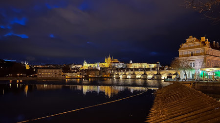 Charles Bridge in Prague at night, Czech Republic. Charles Bridge is one of the symbols of Prague.の写真素材