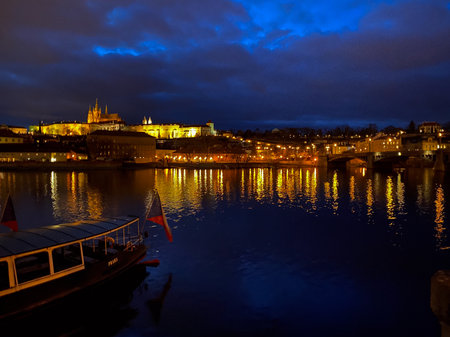 Prague Castle and Vltava river at night, Czech Republicの写真素材