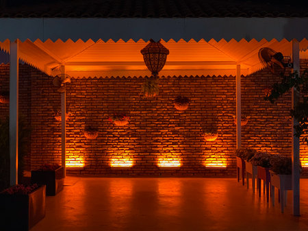Brick wall decorated with lanterns for wedding ceremony, Turkeyの写真素材