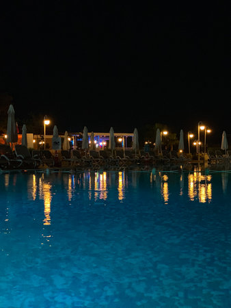 Swimming pool at night, Turkeyの写真素材