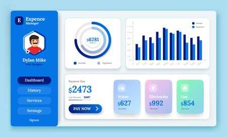 Dashboard user admin panel template of expense manager with a chart, pie chart, utility desk, stylish menu with a user profile pictureのイラスト素材