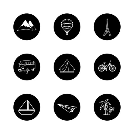 travel icons round black white hand paintedのイラスト素材