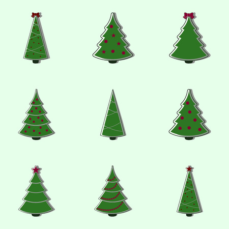 Christmas trees. Collection of decorated christmas trees. New year trees. Fir tree icons. Flat style vector illustration.のイラスト素材